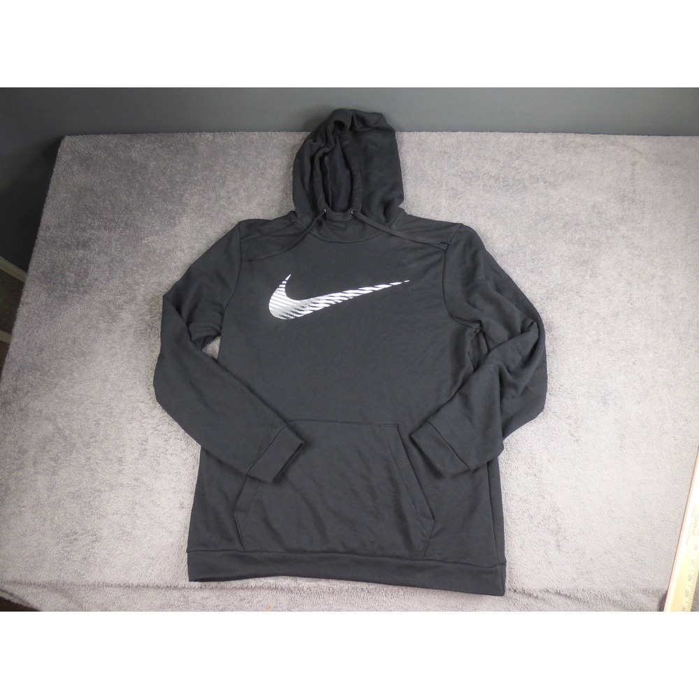 Nike Dri-FIT Hoodie Mens Medium Black Silver Graphic Swoosh Pullover Sweatshirt